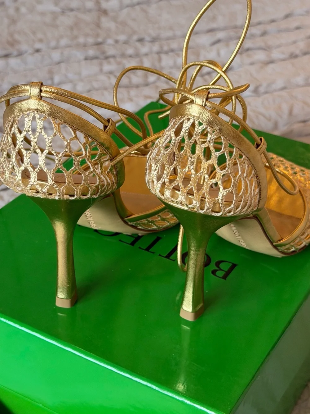Bottega Veneta Metallic Gold Mesh Lace-Up Heels